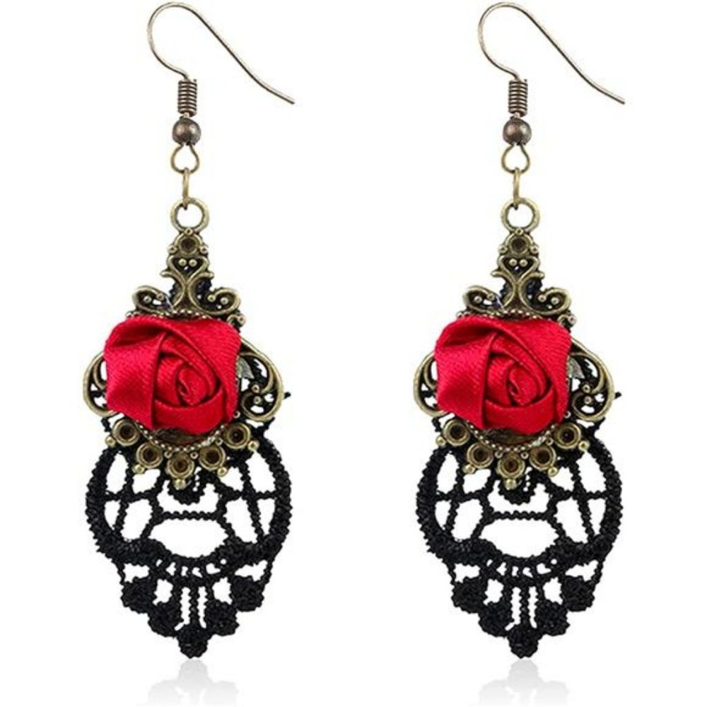Black Red Rose Earrings Fall Halloween Christmas Bridal Prom Dress Jewelry - USA